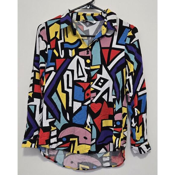 Big Dart Shirt Womens Sz 38 M Geometric Art Blouse 80s Retro Button Up Abstract - Picture 1 of 11